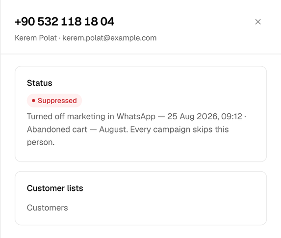 One contact in Rapio: their status, why they are suppressed and when, and every customer list they belong to