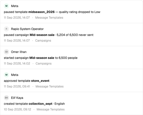 Rapio's Change History: search, the Agent filter, the module chips and the table of changes